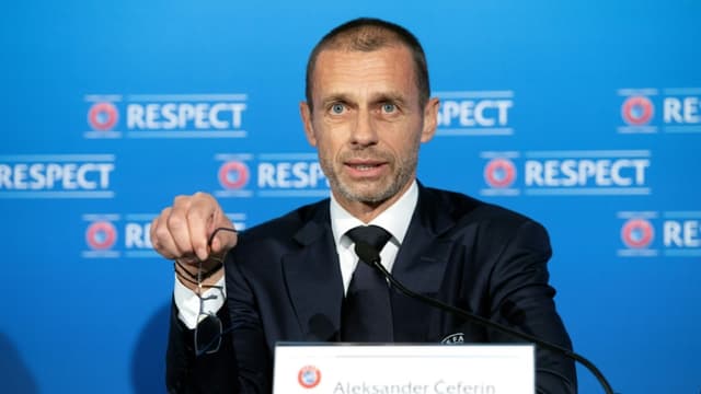 Le président de l'UEFA, Aleksander Ceferin, en conférence de presse à Montreux, le 19 avril 2021