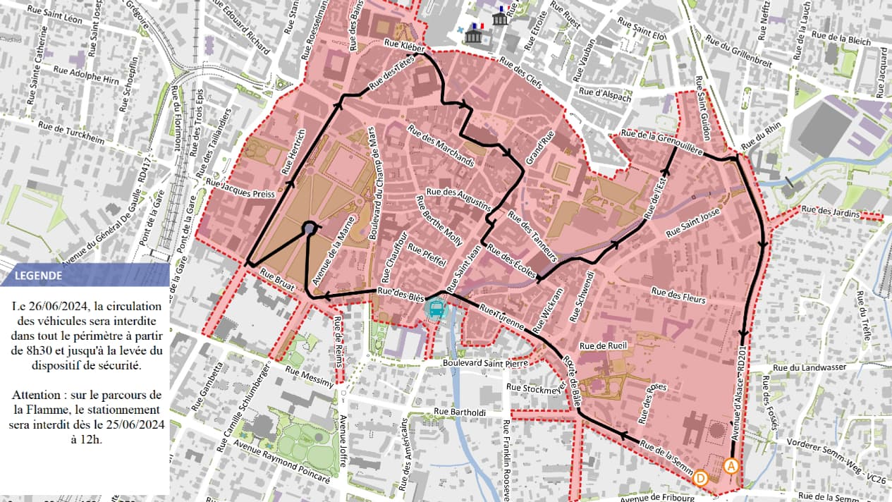 La ville de Colmar prévoit des restrictions de stationnement et de circulation pour le passage de la flamme olympique le mercredi 26 juin.