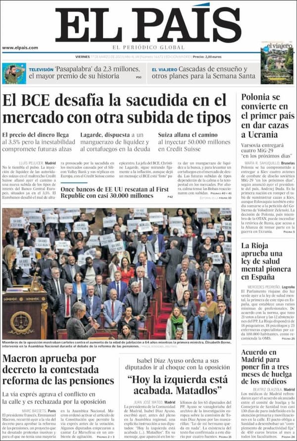 The front page of El Pais of March 17, 2023 