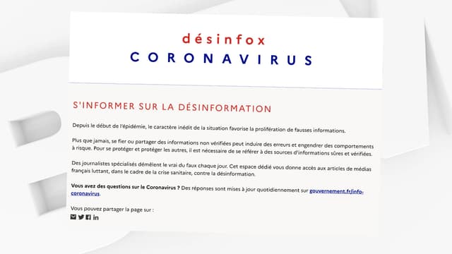 La page "Désinfox Coronavirus" créée par le gouvernement.