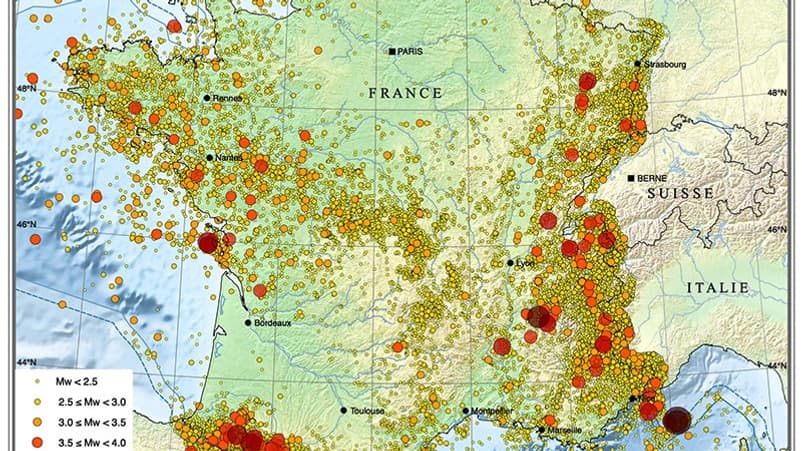 Carte de la sismicité en France métropolitaine entre 1962 et 2020