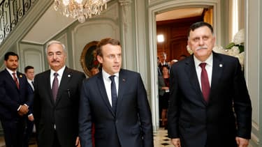 Emmanuel Macron et Fayez al-Sarraj et Khalifa Haftar.