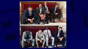 Capture d'écran sur X le 10 avril 2025 montrant une photo avec les députés RN Julien Odoul, Bryan Masson, Laurent Jacobelli et Yoann Gillet et une photo avec les députés LFI Aly Diouara, Raphaël Arnault, Carlos Martens Bilongo et Sébastien Delogu