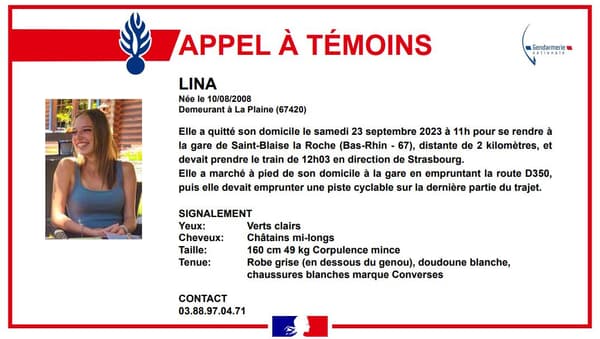 La gendarmerie de Schirmeck a lancé samedi 23 septembre un appel à témoins après la disparition de Lina 