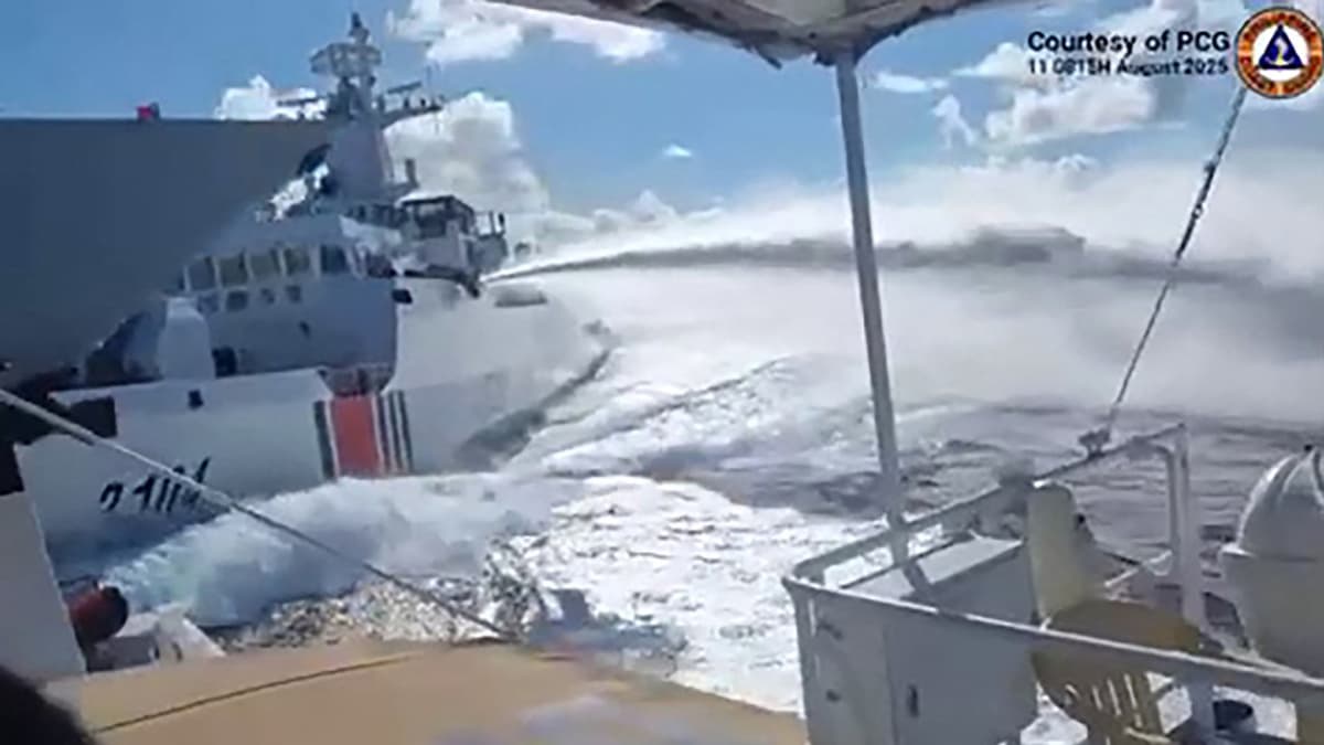 Video screen capture taken on August 11, 2025 from the collision between a Chinese Navy ship and a Chinese coast guard ship in the south of the China Sea. Video screen capture taken on August 11, 2025 from the collision between a Chinese Navy ship and a Chinese coast guard ship in the south of the China Sea.