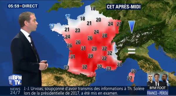 Températures pour le jeudi 21 juin 2018 après-midi 