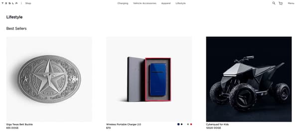 Les "accessoires" vendus par Tesla sur sa boutique en ligne américaine.