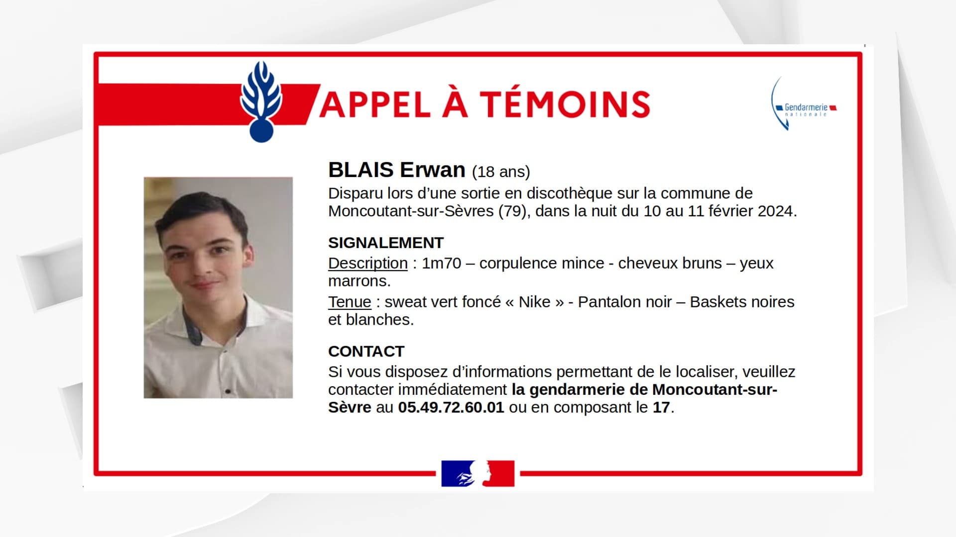 Erwan, 18 ans, a disparu le 11 février 2024 à Moncoutant-sur-Sèvre (Deux-Sèvres). 