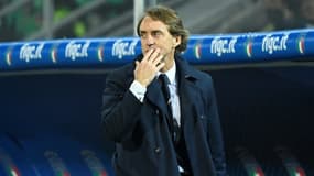Le sélectionneur italien Roberto Mancini, après l'élimination de la Squadra Azzurra, 1-0 face à la Macédoine du nord, en demi-finale des barrages pour le Mondial 2022 au Qatar, le 24 mars 2022 à Palerme