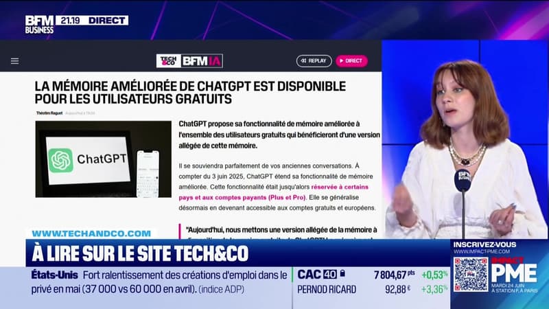 À lire sur le site Tech&Co : La mémoire améliorée de ChatGPT est disponible pour les utilisateurs gratuits, par Salomé Ferraris - 04/06