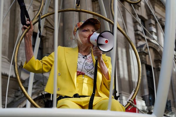 Vivienne Westwood en 2020, protestant contre le procès d'extradition du fondateur de Wikileaks, Julian Assange