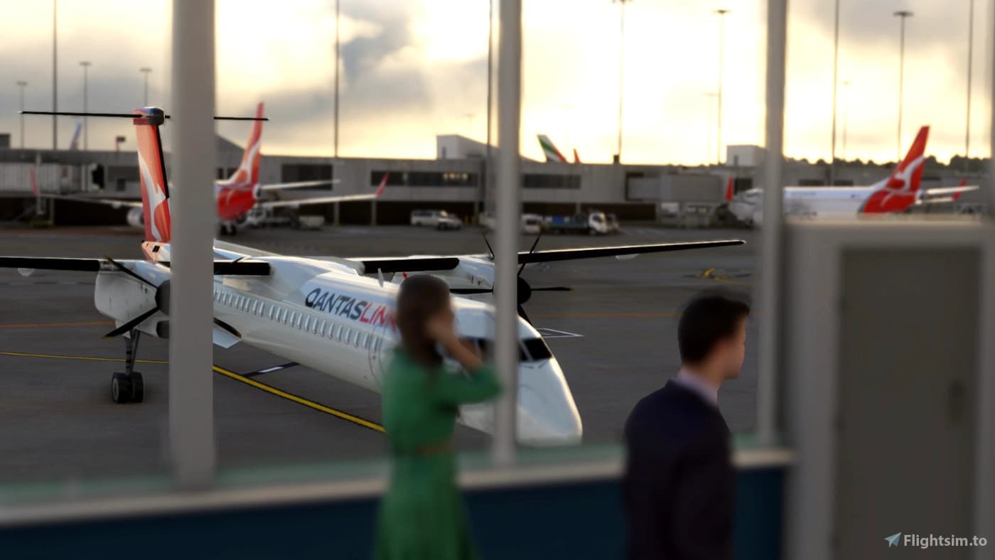 Un Dash 8-Q400 de la compagnie australienne Qantas, ici dans l'un des terminaux de l'aéroport de Melbourne (Microsoft Flight Simulator). Un Dash 8-Q400 de la compagnie australienne Qantas, ici dans l'un des terminaux de l'aéroport de Melbourne (Microsoft Flight Simulator).
