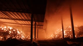 Une usine de fabrication d'aliments pour bétail continue de brûler après qu'un incendie de forêt se soit propagé à Andong (Corée du Sud), le 26 mars 2025.