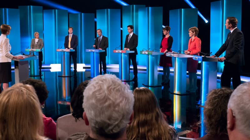 L'ensemble des leaders des formations politiques britanniques engagés dans les législatives du jeudi 7 mai lors d'un débat télévisé