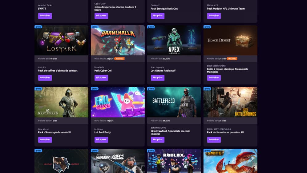 Les contenus Amazon Prime Gaming offerts.