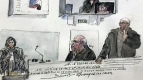 Croquis d'audience du procès de Joël Le Scouarnec montrant la première des 299 victimes (sur l'écran) et son avocate Louise Aubret-Lebas (g) à la cour criminelle du Morbihan à Vannes le 6 mars 2025