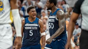 La joie d'Anthony Edwards lors de la victoire de Minnesota sur Golden State (121-110, play-offs NBA), le 14 mai 2025