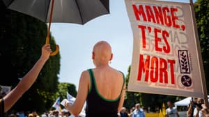 Fleur Breteau, malade du cancer et créatrice du collectif Cancer Colère, prononce un discours lors d'un banquet organisé par des agriculteurs contre le projet de loi agricole Duplomb, devant le jardin du Luxembourg, à Paris, le 30 juin 2025.