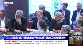 Les députés de la Nupes quittent la salle de la commission des Affaires sociales où est examinée la proposition de loi Liot