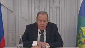 Le ministre des Affaires étrangères russe Sergueï Lavrov en conférence de presse