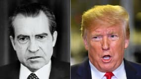 Le président américain Richard Nixon le 30 avril 1973 à Washington, D.C., et le président américain Donald Trump le 20 novembre 2019 à Austin, au Texas.