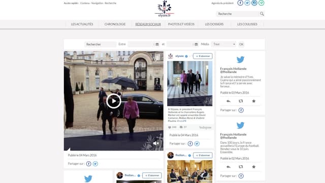La page "réseaux sociaux" sur le site de l'Elysée