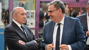 Gérard Collomb et David Kimelfeld lors de la visite conjointe des locaux de l'entreprise Safran Landing System à Villeurbanne, le 8 juillet 2019