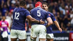 Les joueurs du XV de France, dont Antoine Dupont, lors de la rencontre de Coupe du monde face à la Namibie, le 21/09/2023