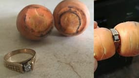 A droite, une carotte entoure sa bague de fiançaille, perdue dans son potager 13 ans avant.