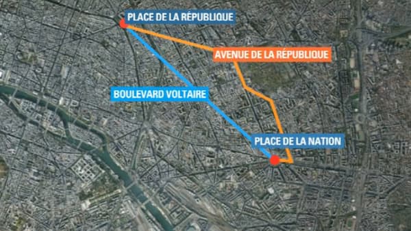Les deux parcours de la manifestation dimanche Les deux parcours de la manifestation dimanche