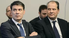 Olivier Faure et Jean-Christophe Cambadélis lors d'une conférence de presse du Parti socialiste le 15 janvier 2013