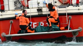Des plongeurs remontent un corps retrouvé dans l'épave du voilier coulé en Sicile, le 21 août 2024