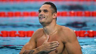 Florent Manaudou après sa médaille de bronze aux Jeux olympiques de Paris sur 50m nage libre, le 02/08/2024