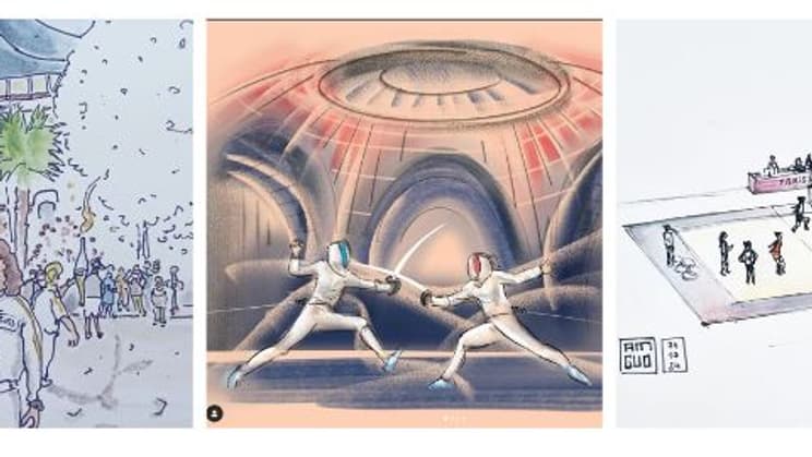 L'arrivée de la flamme olympique, un match d'escrime au Grand palais ou un match de volley ball croqués par des artistes.
