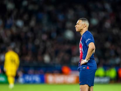 Kylian Mbappé frustré lors du quart de finale aller de Ligue des champions PSG-Barça, 10 avril 2024