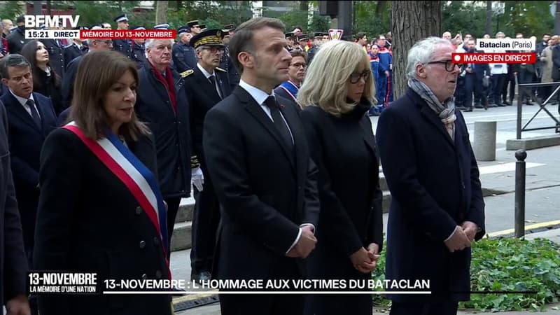 13-Novembre: Emmanuel Macron arrive au Bataclan pour assister à la cérémonie en hommage aux victimes