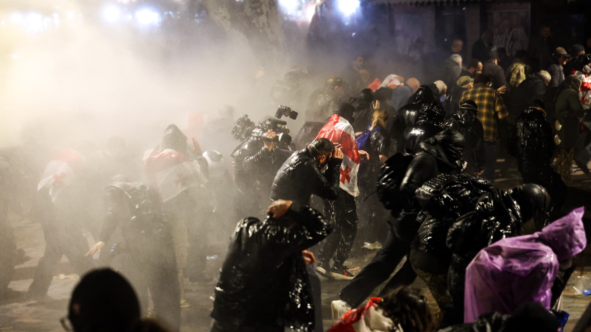 Police use water cannons to disperse protesters on October 4, 2025 in Tbilisi
