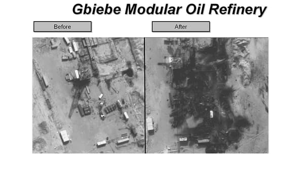Des images diffusées par le Département d'Etat américain le 25 septembre montrent la raffinerie de Gbiebe, dans l'Est de la Syrie, détruite par des frappes aériennes. Des images diffusées par le Département d'Etat américain le 25 septembre montrent la raffinerie de Gbiebe, dans l'Est de la Syrie, détruite par des frappes aériennes.