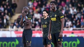 Marquinhos, non loin de Danilo et Pembélé, lors de Monaco-PSG le 11 février 2023