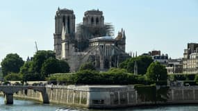 Un bateau-mouche passe devant les squares Jean XXIII et de l'Ile de France au pied de Notre-Dame de Paris, le 31 mai 2019.