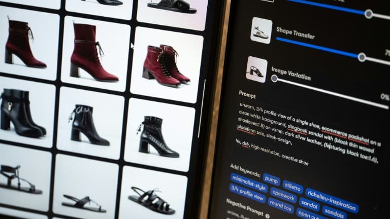 Des modèles de chaussures  générés par l'IA dans les bureaux de la start-up Imki à Schiltigheim, près de Strasbourg, le 26 février 2025 dans le Bas-Rhin