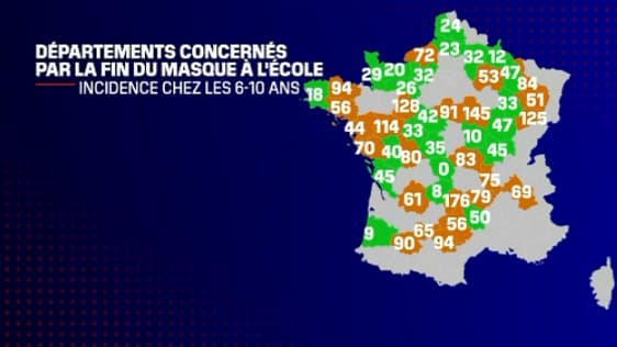 Taux d'incidence chez les 6 - 10 ans dans les départements où le port du masque est levé à l'école primaire ce lundi