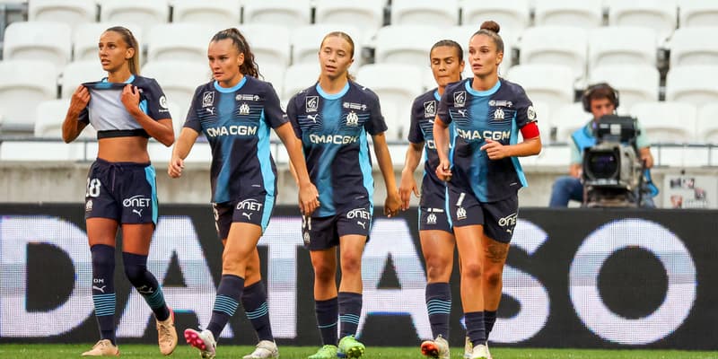 Les joueuses marseillaises célèbrent le but de Mathilde Bourdieu lors de la défaite à Lyon (3-1, D1), le 7 septembre 2025