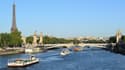 Défilé de bateaux sur la Seine, le 17 juillet 2023, pour tester "manœuvres", "distances", "durée" et "captation vidéo" de la future cérémonie des JO de Paris en 2024