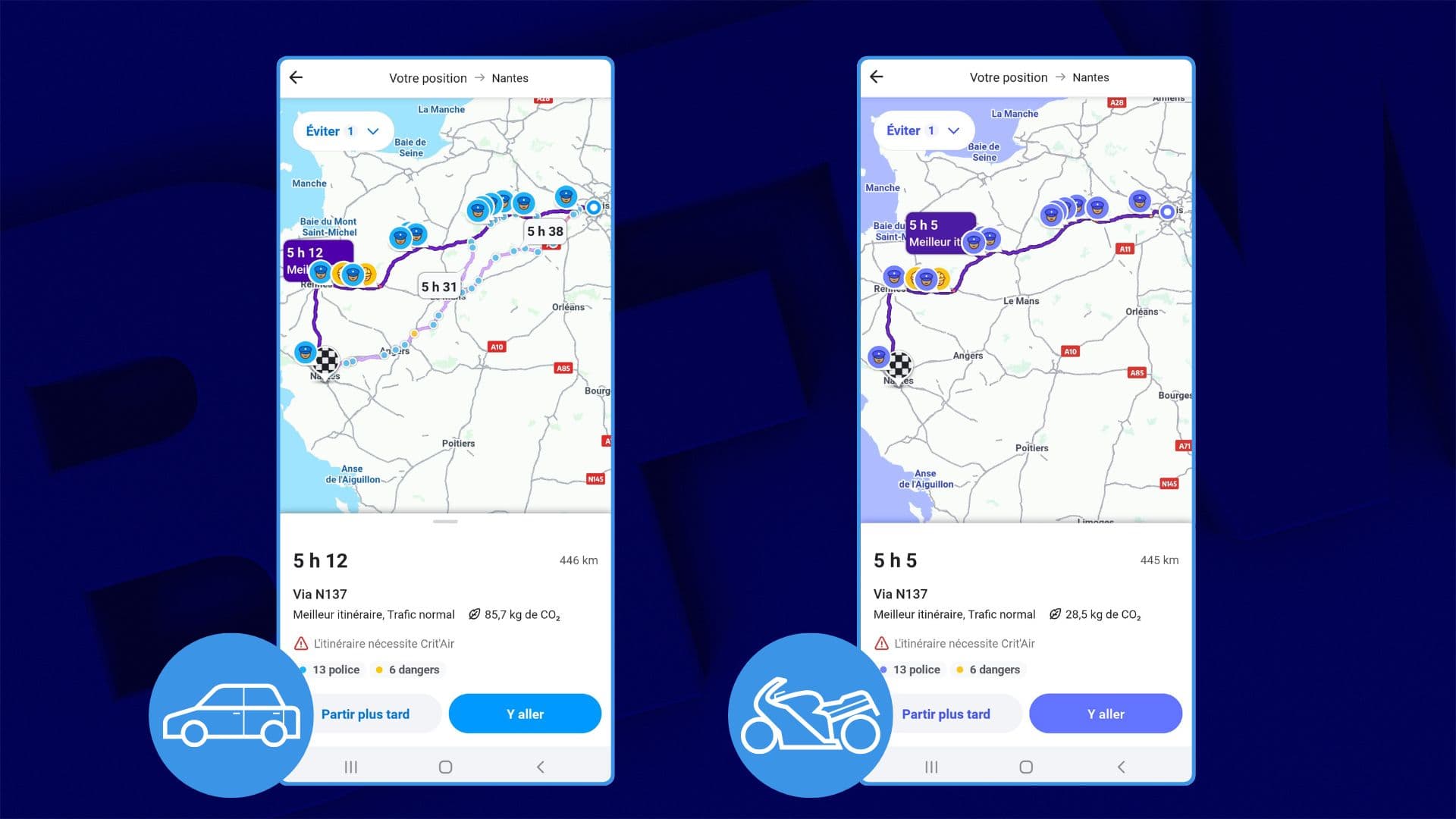 Différence de temps de trajet entre l'option voiture (à gauche) et l'option moto (à droite) pour un Paris - Nantes Différence de temps de trajet entre l'option voiture (à gauche) et l'option moto (à droite) pour un Paris - Nantes