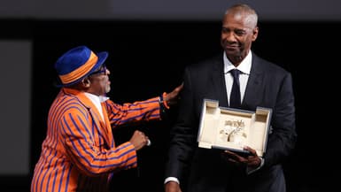 L'acteur Denzel Washington recevant sa Palme d'or d'honneur le 19 mai 2025 au Festival de Cannes