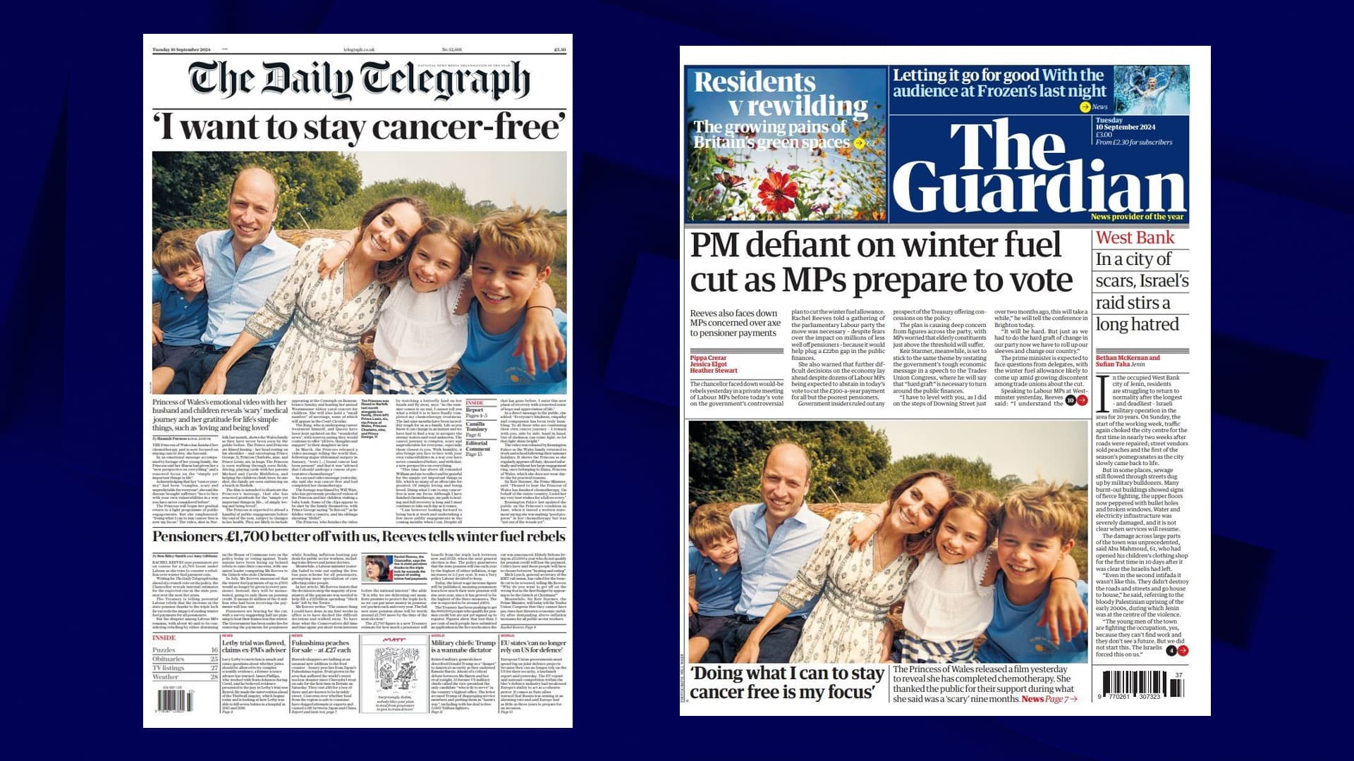 Les unes du Daily Telegraph et du Guardian datées du mardi 10 septembre 2024 Les unes du Daily Telegraph et du Guardian datées du mardi 10 septembre 2024