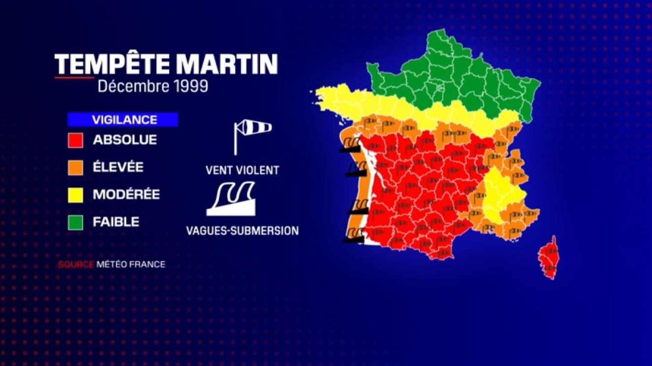 La vigilance qui aurait été émise pour la tempête Martin en décembre 1999, selon les paramètres actuels de vigilance météorologique La vigilance qui aurait été émise pour la tempête Martin en décembre 1999, selon les paramètres actuels de vigilance météorologique