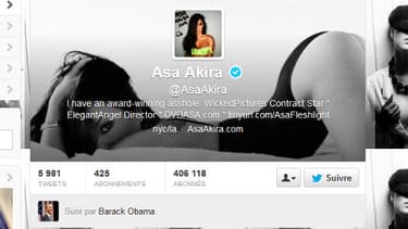 Capture du compte Twitter d'une jeune actrice porno suivie par le compte officiel de Barack Obama.