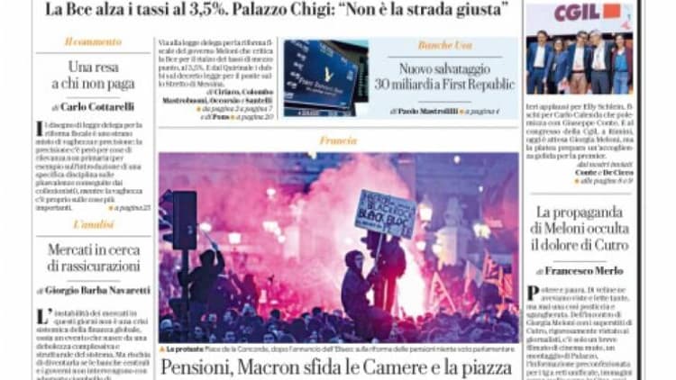 La une de la Repubblica du 17 mars 2023 